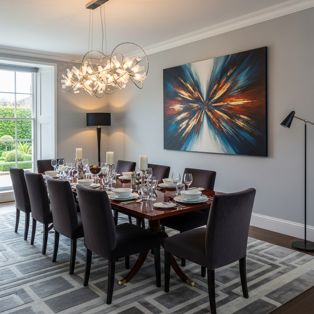 Elegante eetkamer met abstracte elementen