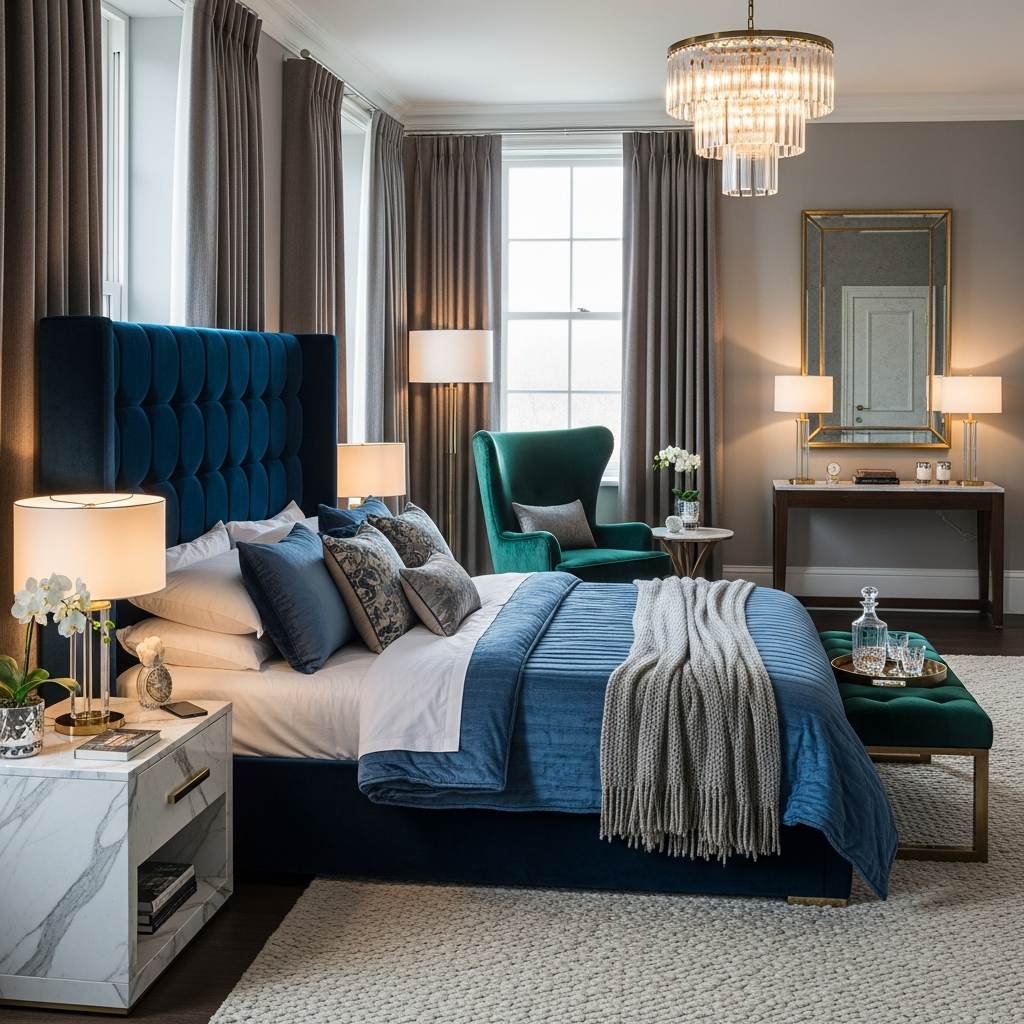 Luxe slaapkamer met velours texturen en marmeren accenten